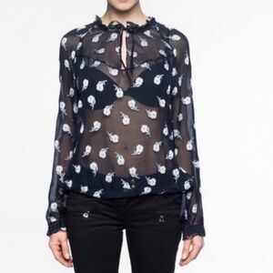 Rag & Bone Bennett Sheer Silk Blend Floral Blouse Navy White Size Small